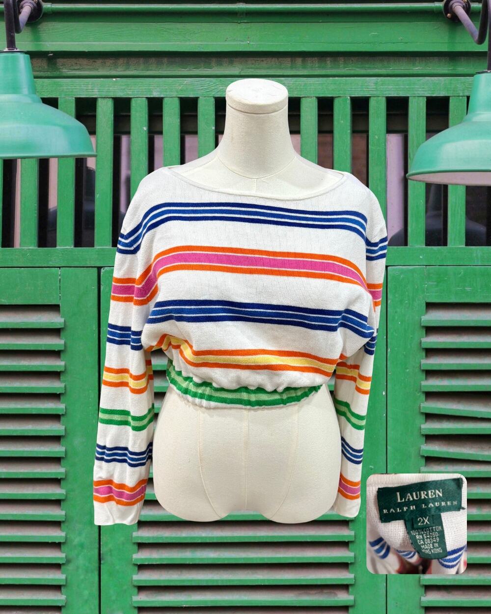 Volup Vintage 90s Lauren Ralph Lauren Rainbow Stripe Crop Knit Sweater 2X